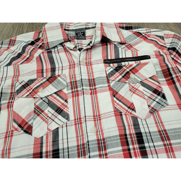 AVIREX Vintage Y2K Shirt White Red Black Plaid Button-Up Long Sleeve 2000s Large - Picture 3 of 5